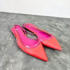 Zara vibrant pink orange slingback pointed toe flats size 6 new